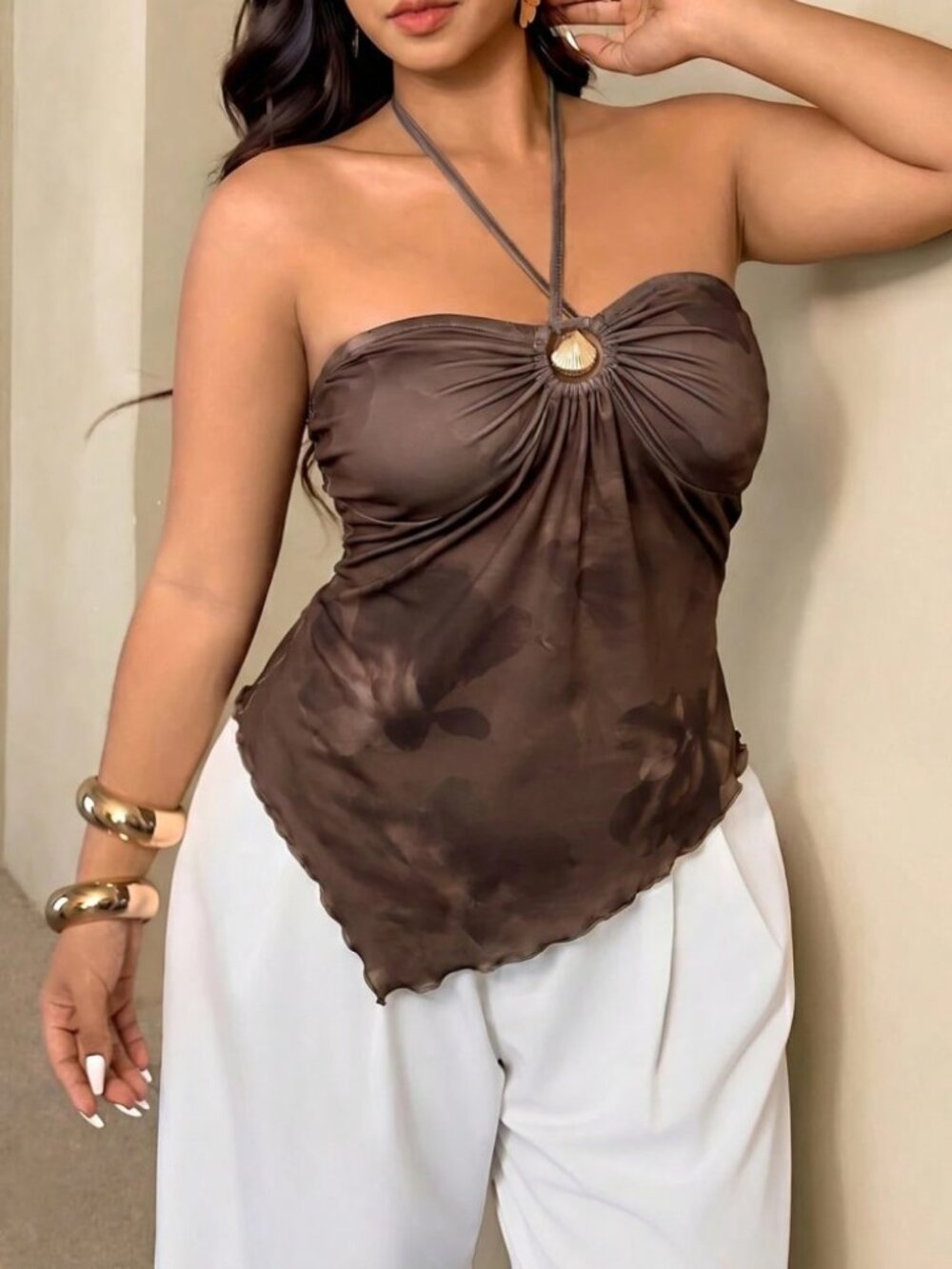 Brown Tie-Dye Halter Crop Top with Shell Ring Detail